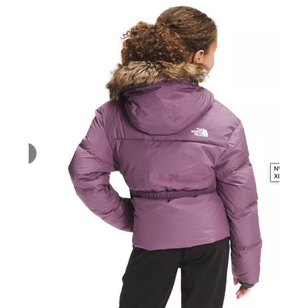The North Face Girls Pikes Purple Down Puffer Jacket Hooded Fur Trim M 10/12 - Picture 2 of 11